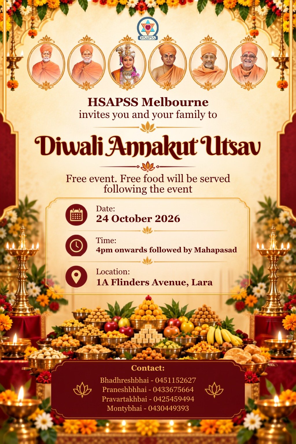HSAPSS Melbourne Diwali Annakut Utsav 2026 invitation poster